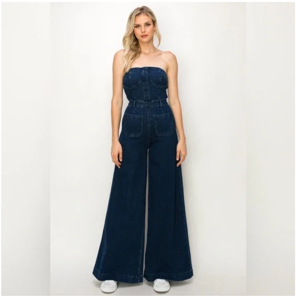DARK DENIM STRAPLESS WIDE LEG DENIM JUMPSUIT WITH POCKETS🤠- Picture 6 of 8